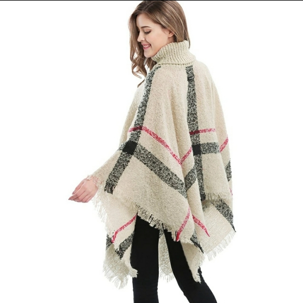 Plaid Poncho Shawl Turtleneck OS Beige Plaid NWT - Picture 3 of 6